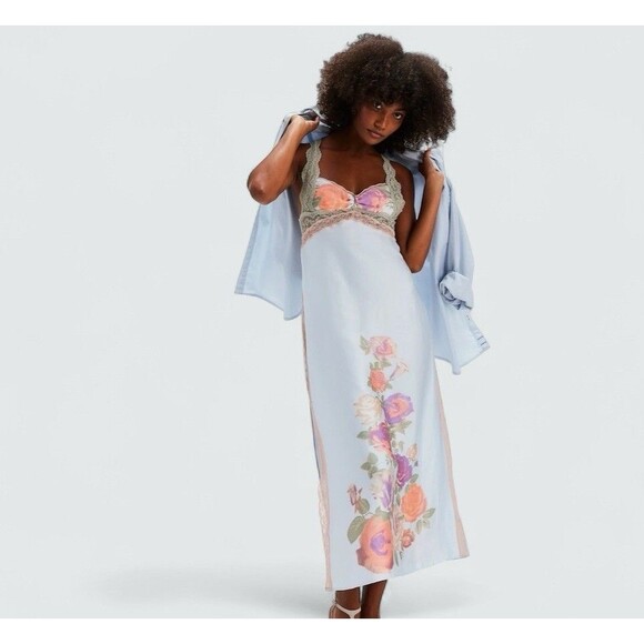 Free People Intimately Just Dreamy Maxi Slip Dress Sky Combo Airbrush Floral S - Picture 1 of 11